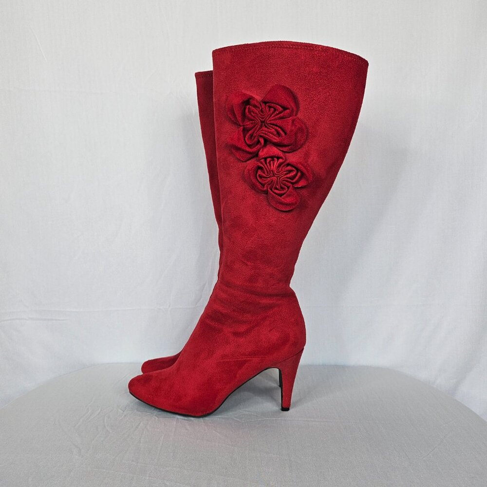Red Velour Knee-High Women's Boots with Rose/Flower Accents, Size 6M - Picture 11 of 16